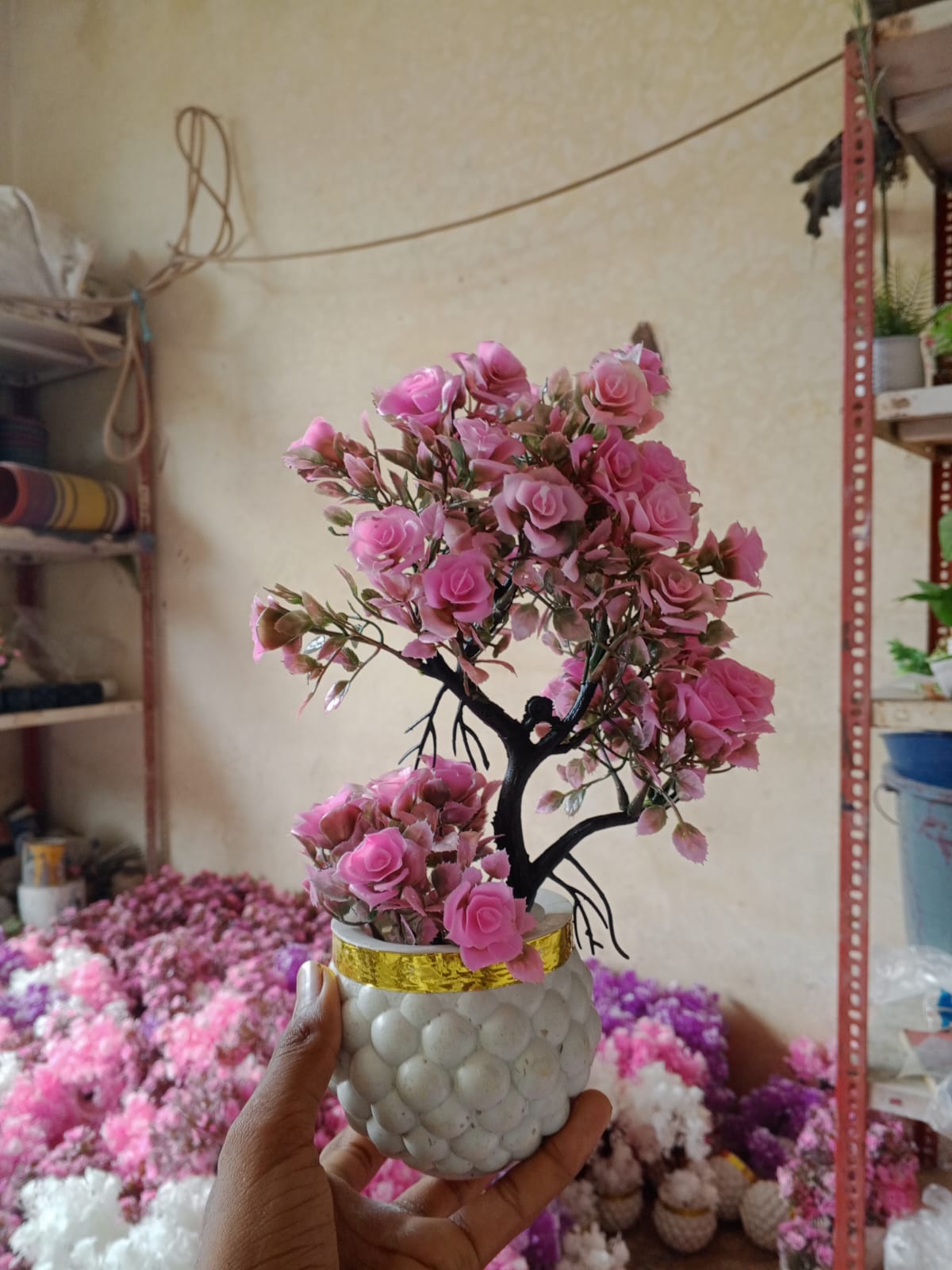 Pack of 4 Artificial Pink Rose Bonsai Plants with Decorative White & Gold Pots