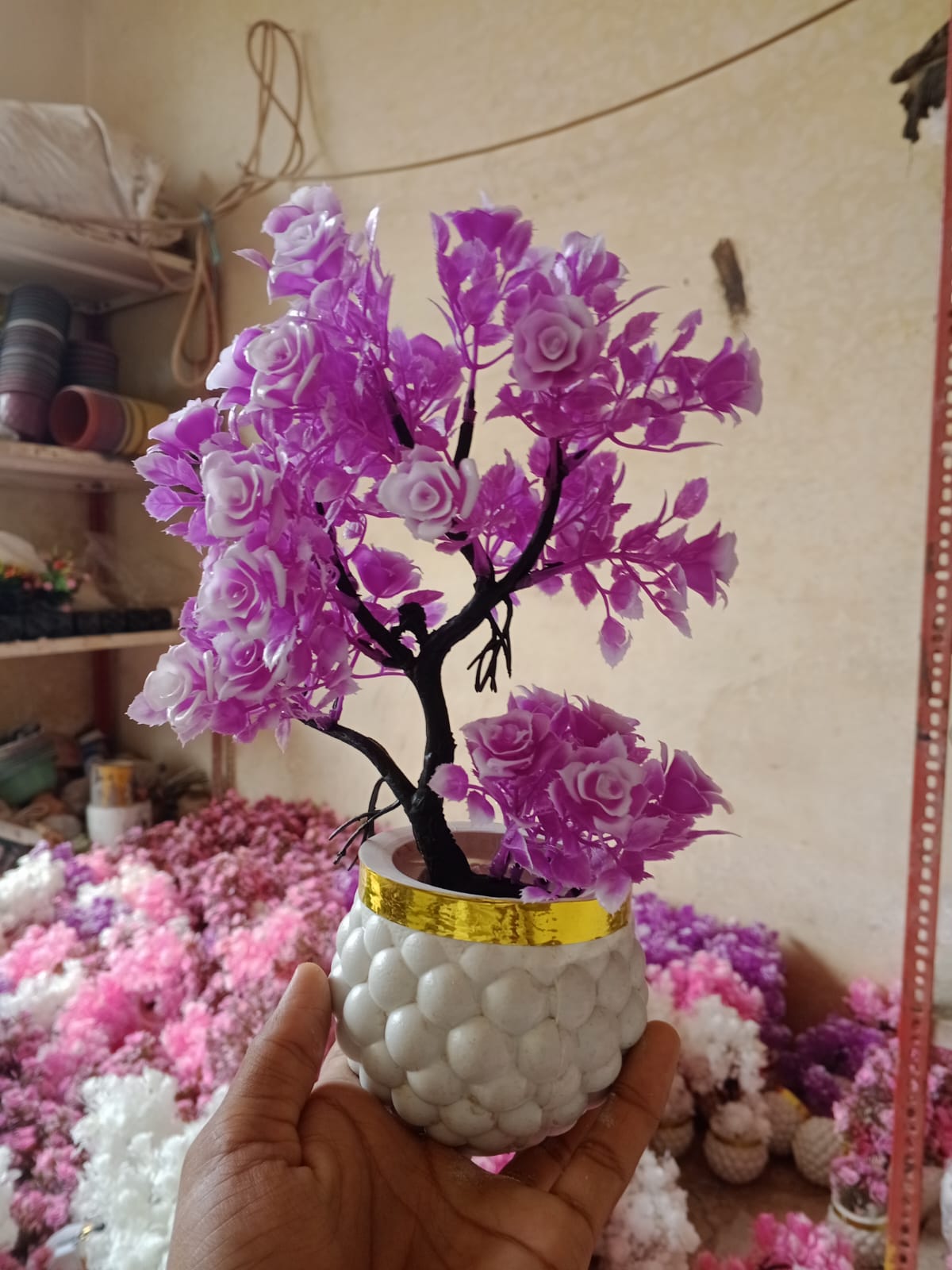 Pack of 4 Artificial Purple Rose Bonsai Plants with White & Gold Decorative Pots