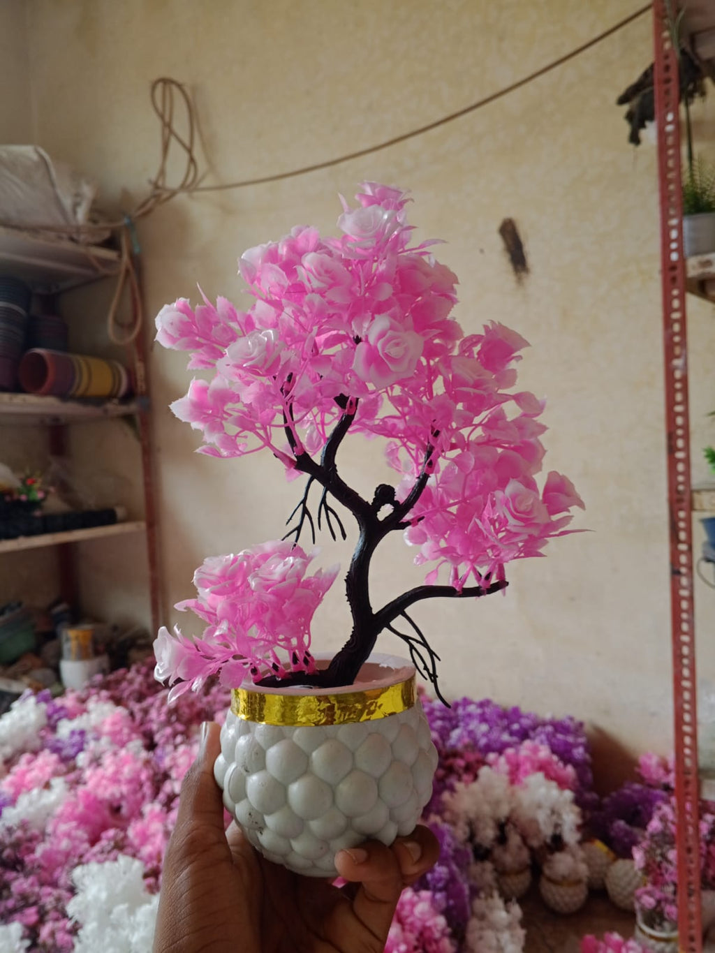 Pack of 4 Artificial Pink Rose Bonsai Plants with White & Gold Decorative Pots