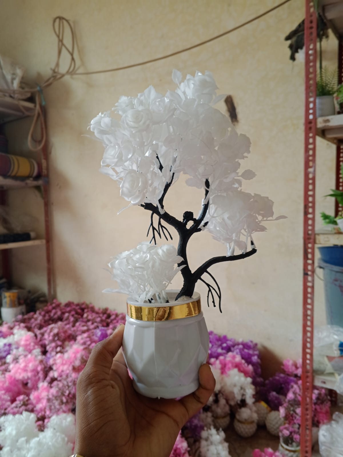 Pack of 4 White Artificial Flower Bonsai Trees with Decorative Ceramic Pots