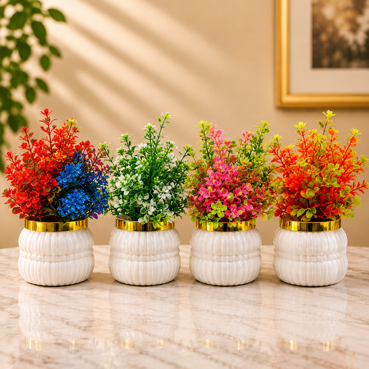 Pack of 4 Artificial Flower Plants with White & Gold Decorative Pots