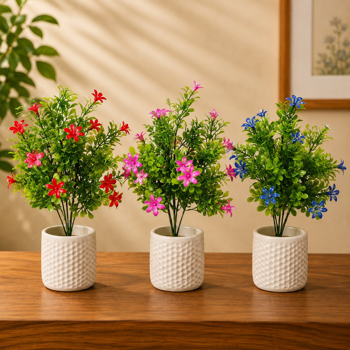 Pack of 4 Artificial Flower Plants with White Textured Pots