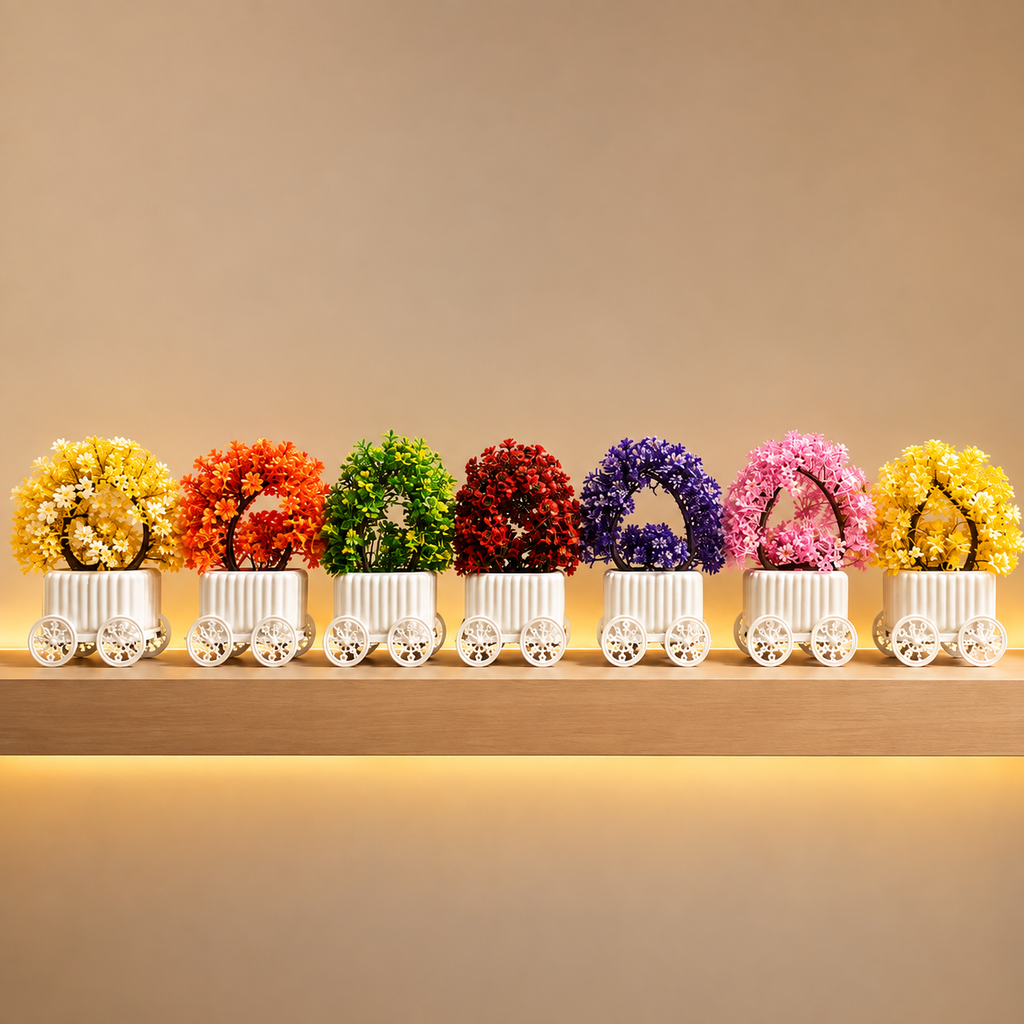 Pack of 3 Artificial Flower Plants with Decorative White Cart Pots