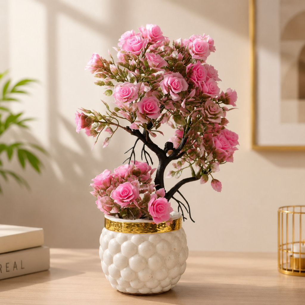 Pack of 4 Artificial Pink Rose Bonsai Plants with Decorative White & Gold Pots