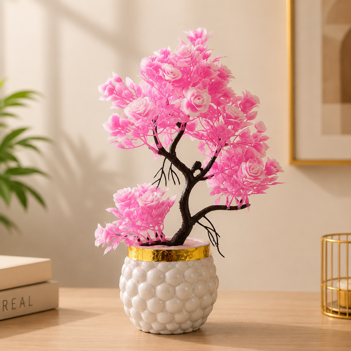 Pack of 4 Artificial Pink Rose Bonsai Plants with White & Gold Decorative Pots