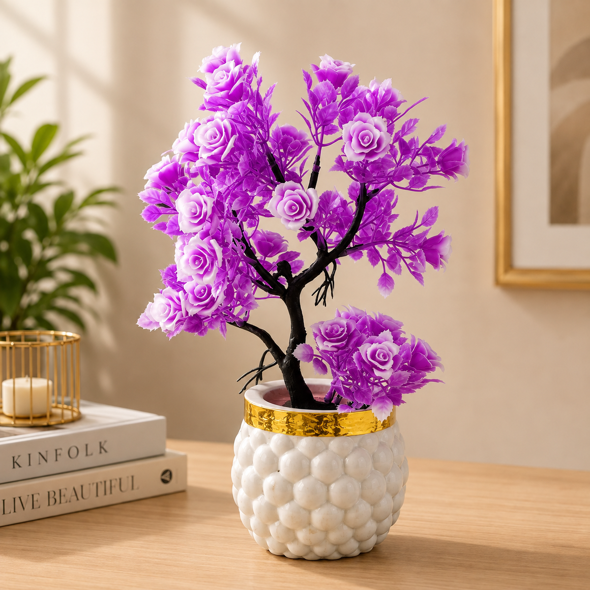 Pack of 4 Artificial Purple Rose Bonsai Plants with White & Gold Decorative Pots