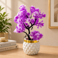 Pack of 4 Artificial Purple Rose Bonsai Plants with White & Gold Decorative Pots