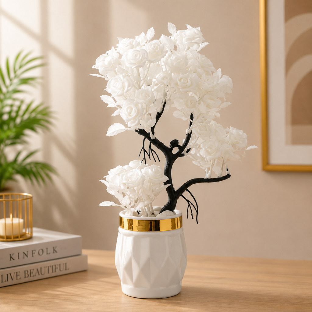 Pack of 4 White Artificial Flower Bonsai Trees with Decorative Ceramic Pots