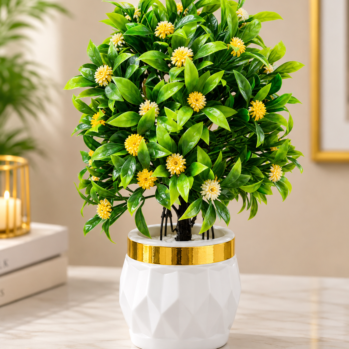 Pack of 4 Artificial Green Topiary Plants with White & Yellow Flowers and Decorative White Gold Pots