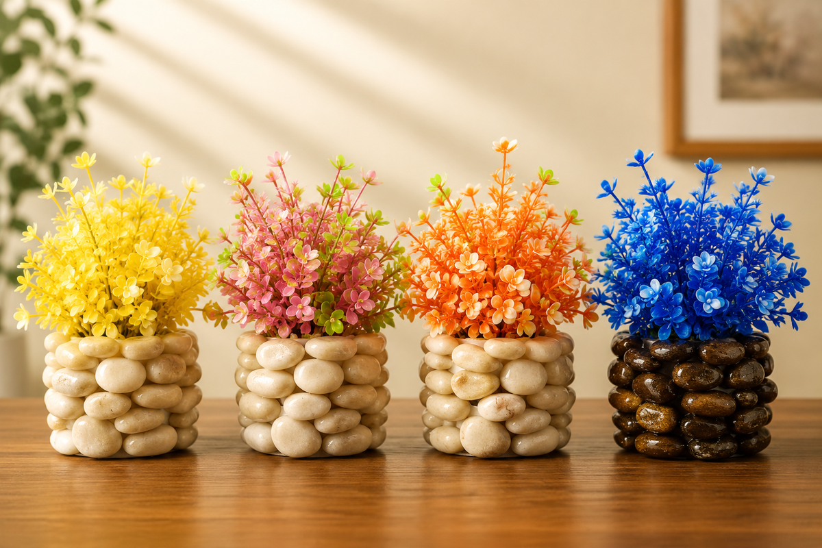 Pack of 4 Artificial Mini Plants with Pebble Pots – Decorative Tabletop Plants