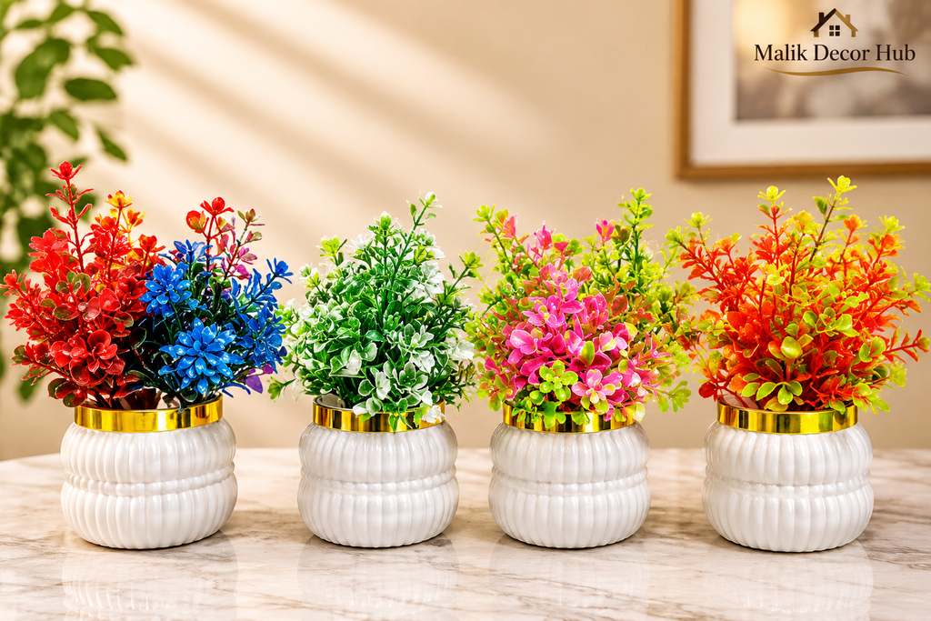 Pack of 4 Artificial Flower Plants with White & Gold Decorative Pots