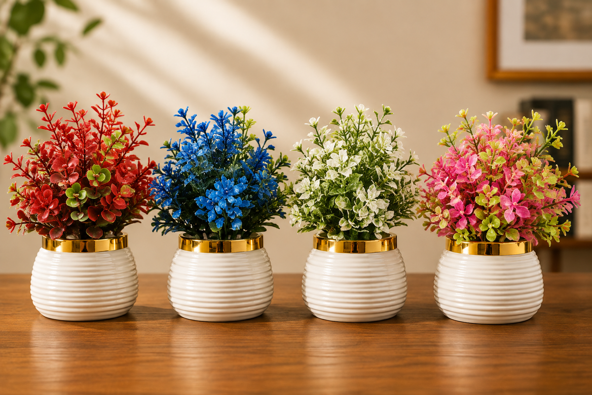 Pack of 4 Artificial Flower Plants with Decorative White & Gold Ceramic Pots – Colorful Home Décor