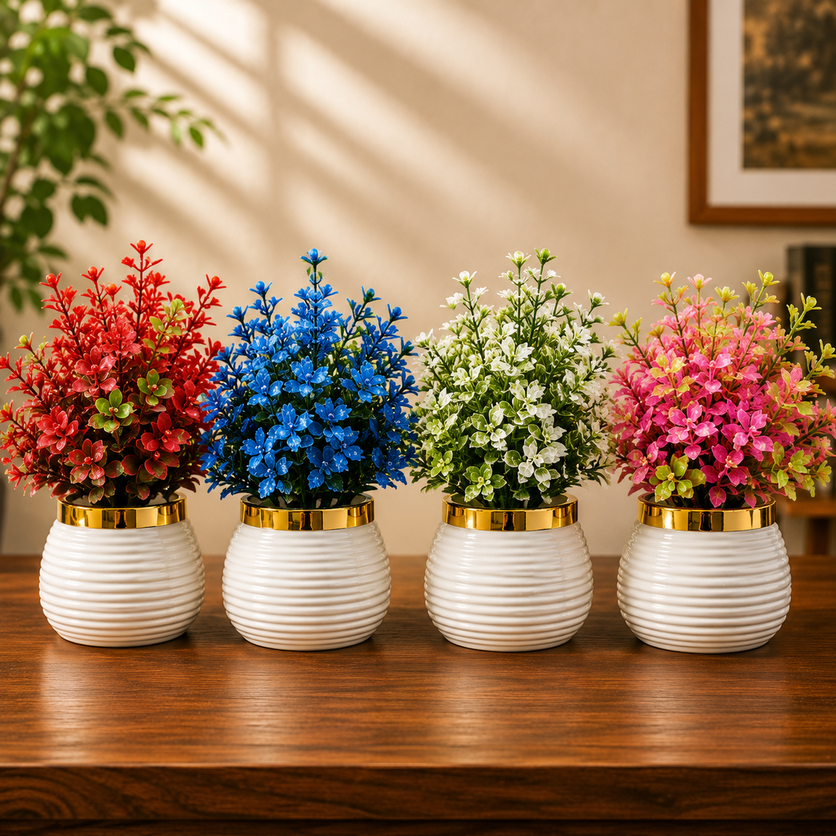 Pack of 4 Artificial Flower Plants with Decorative White & Gold Ceramic Pots – Colorful Home Décor