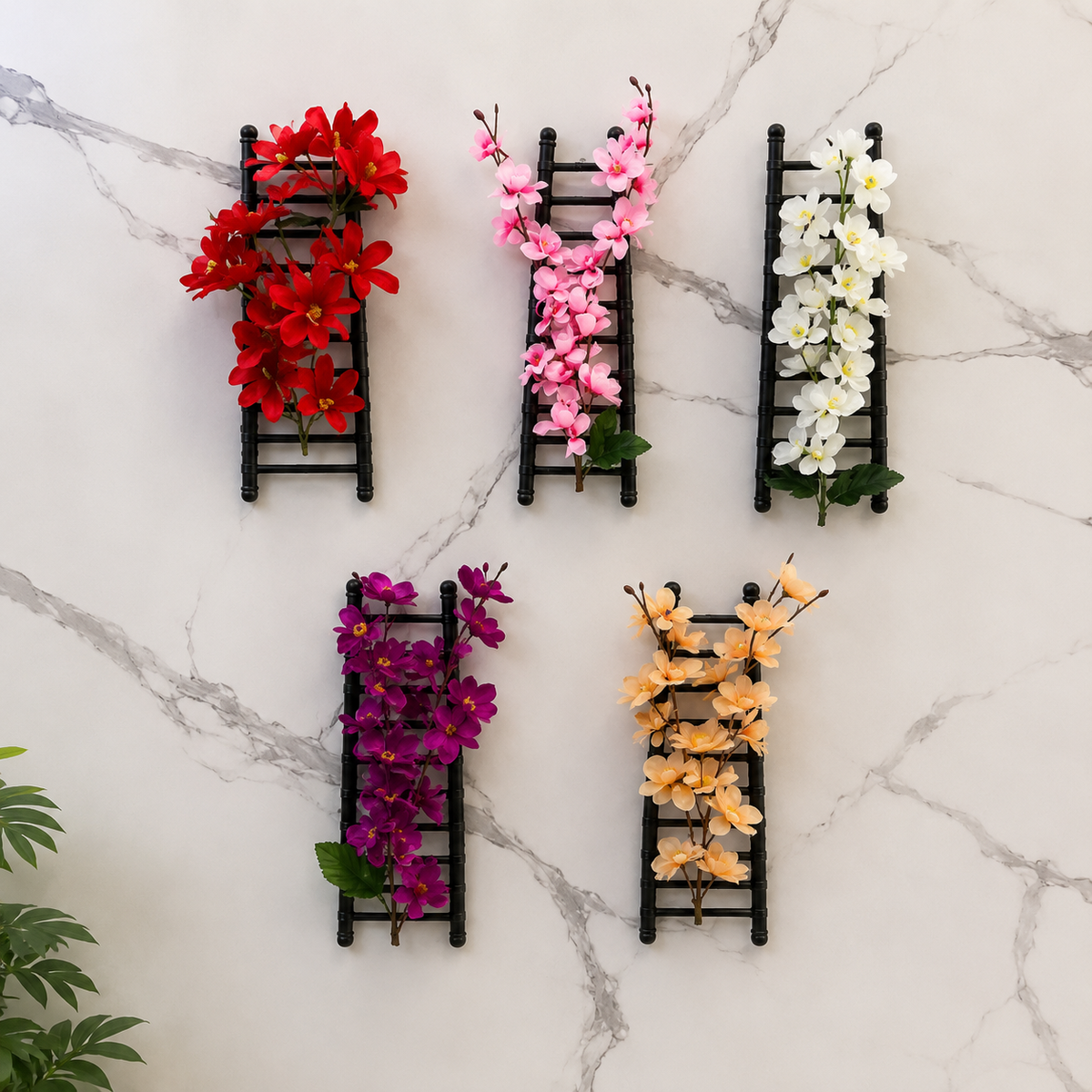 Pack of 5 Artificial Hanging Flower Wall Planters with Decorative Ladder Stands