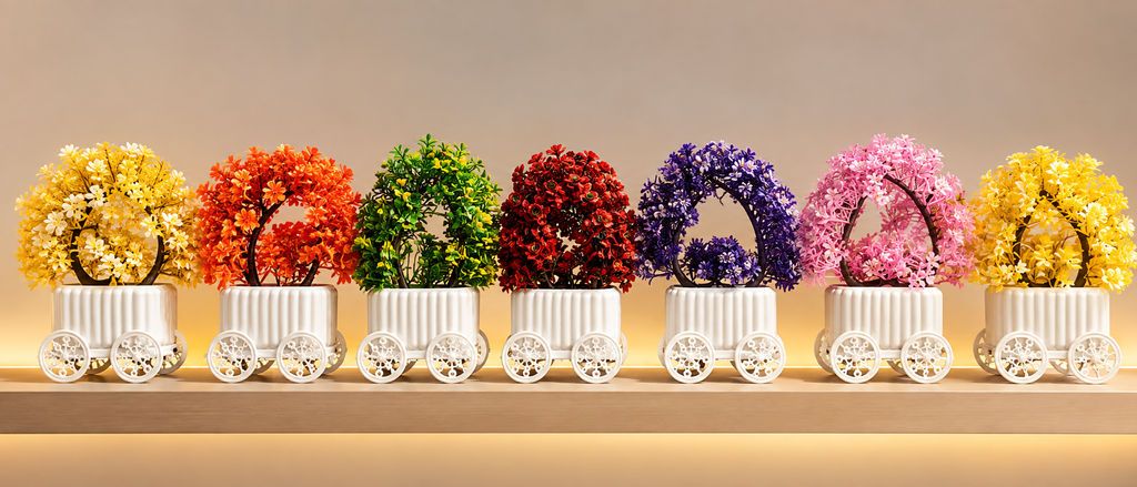 Pack of 3 Artificial Flower Plants with Decorative White Cart Pots