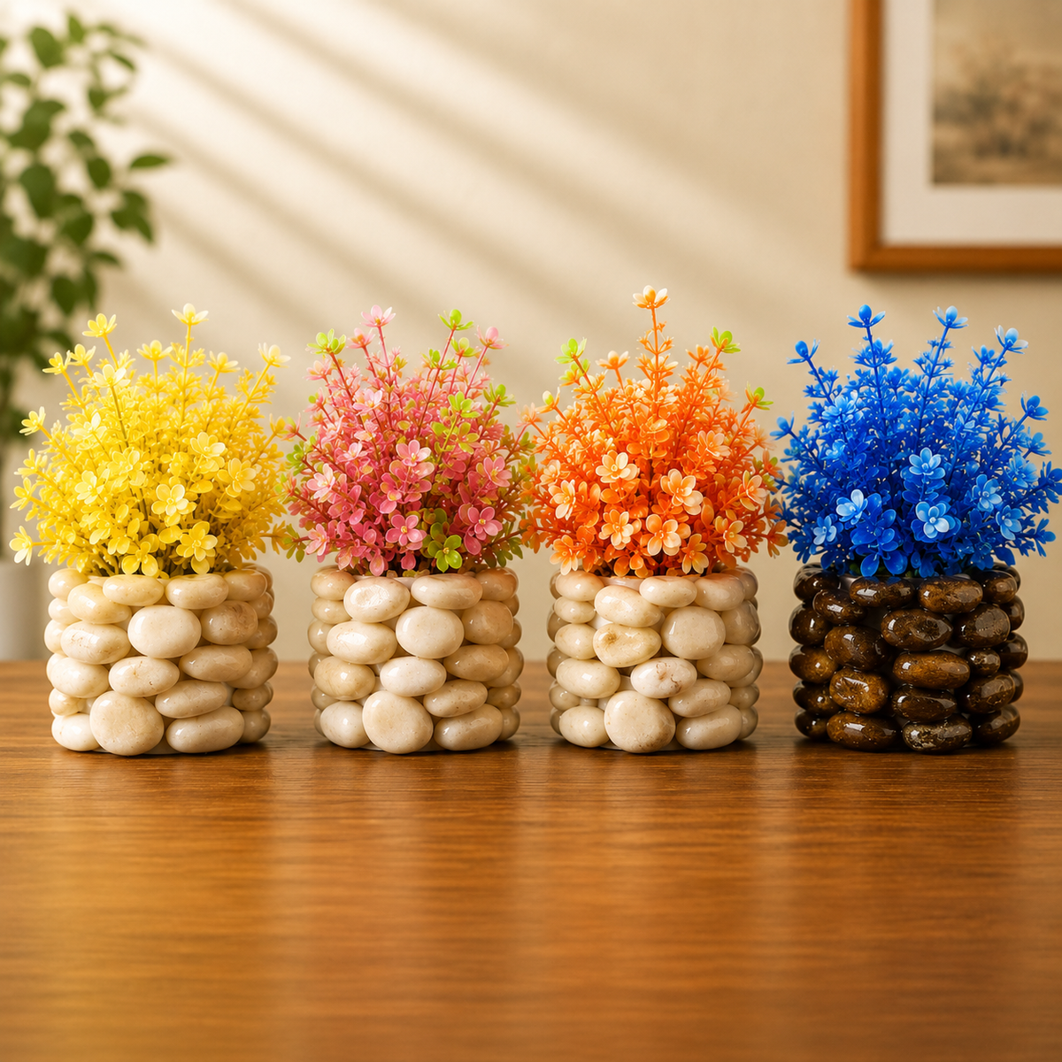 Pack of 4 Artificial Mini Plants with Pebble Pots – Decorative Tabletop Plants